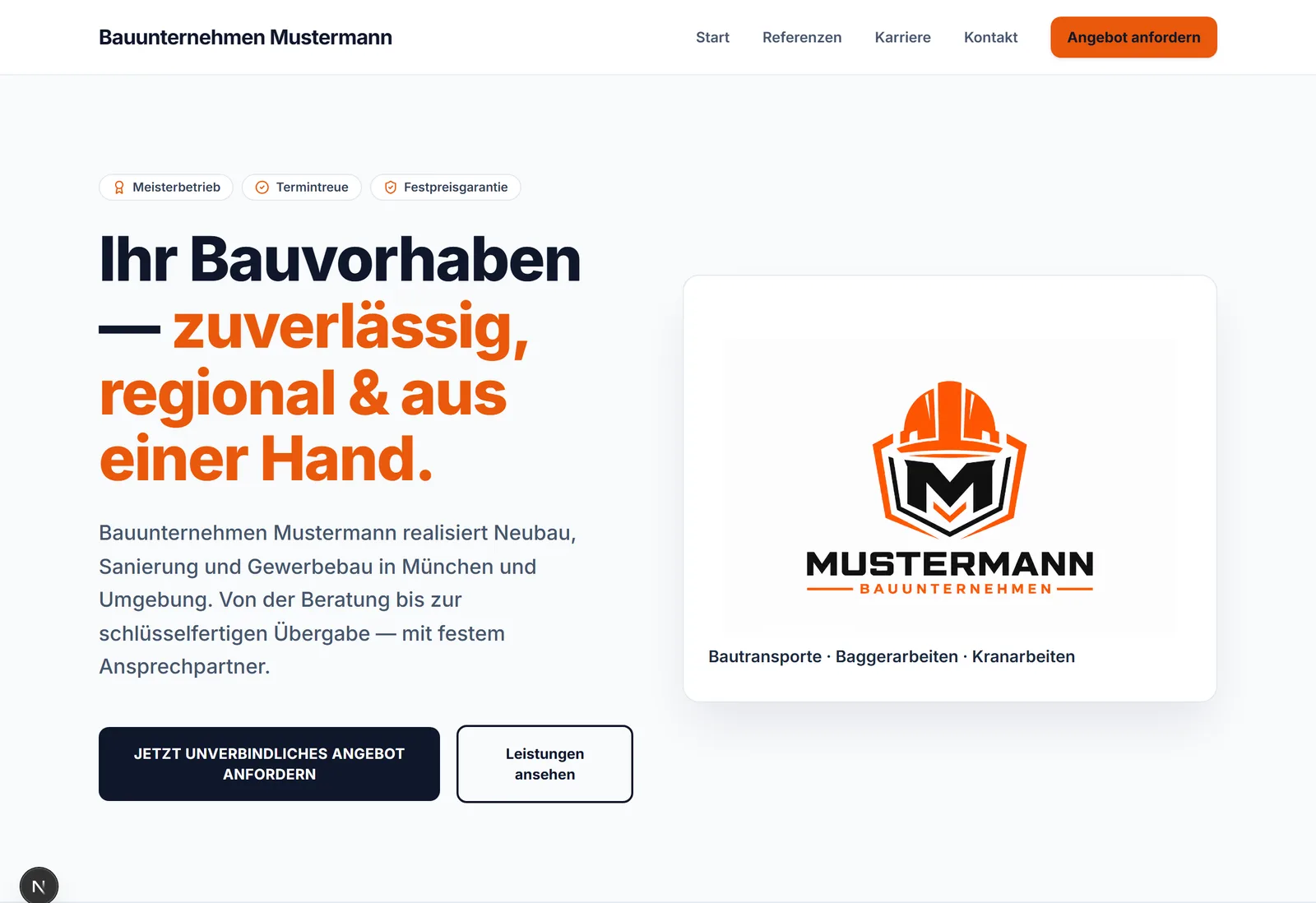 Screenshot der Konzeptseite für Bauunternehmen