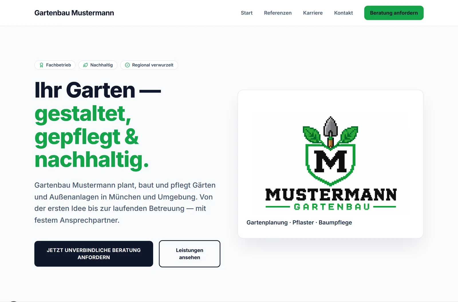 Screenshot der Konzeptseite für Garten- und Landschaftsbau