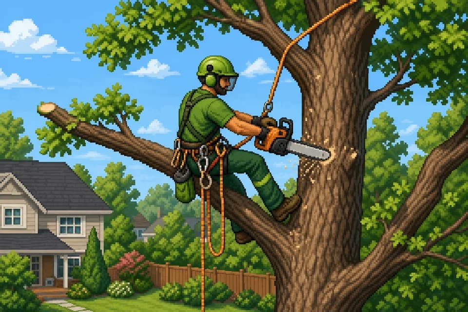 Pixel-Art Baumpfleger schneidet Ast mit Kettensäge