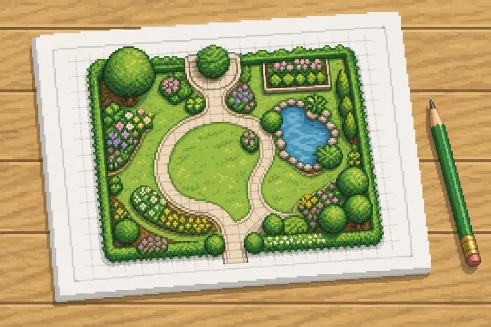 Pixel-Art Gartenplan auf Papier mit Bleistift