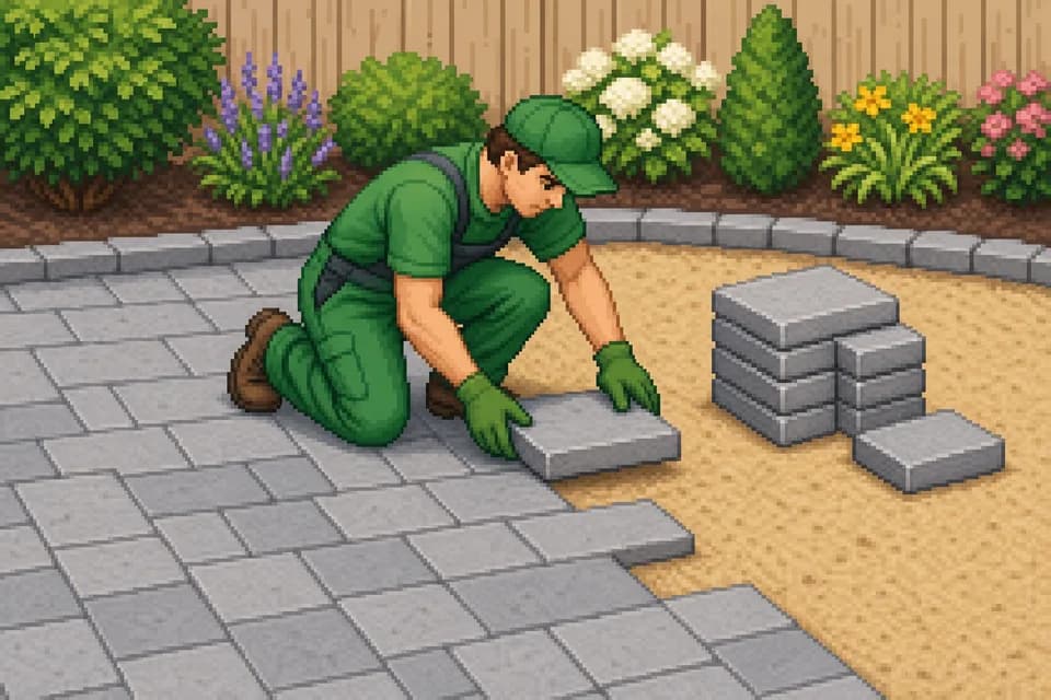 Pixel-Art Gärtner verlegt Terrassenpflaster